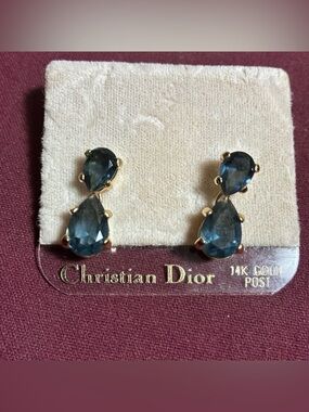 Vintage NWT Christian Dior Teardrop Blue Rhinestone Dangle 14k Gold Post Earring